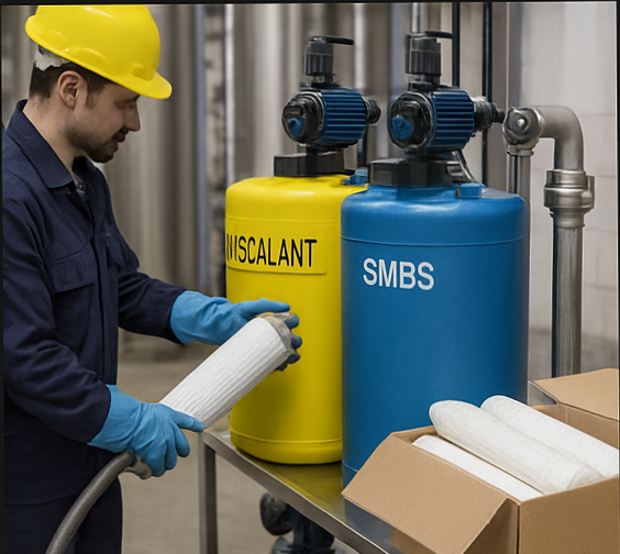 Technician replacing 5 μm cartridge filters – monthly consumables