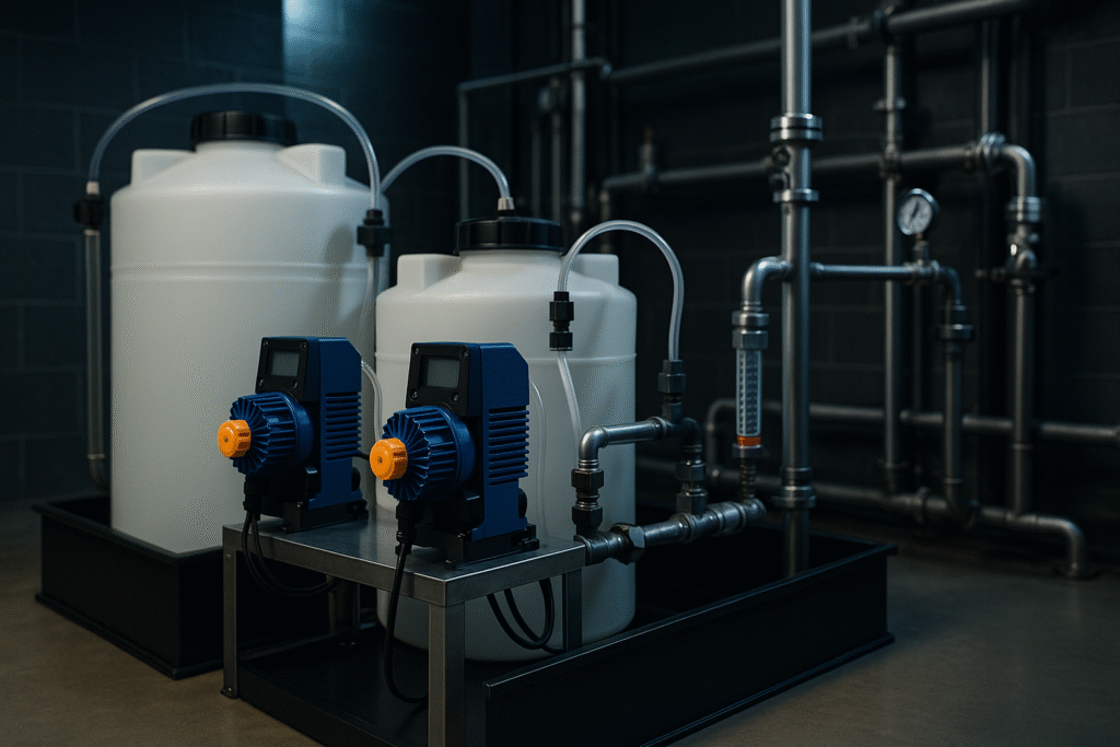 Chemical dosing skid — dual metering pumps PE chemical tanks flow meters and stainless steel piping