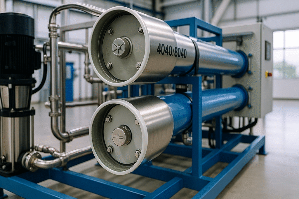 RO membrane pressure vessels (4040/8040) on stainless-steel skid – reverse osmosis water treatment system