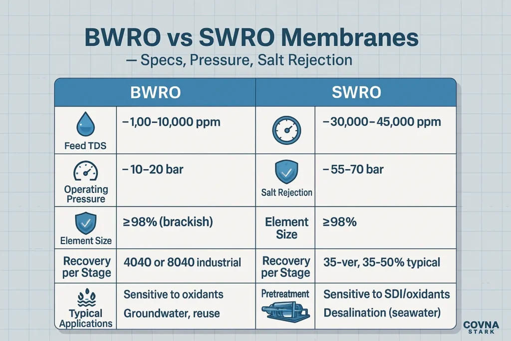 BWRO and SWRO differ mainly by osmotic pressure, pressure rating, and recovery strategy.