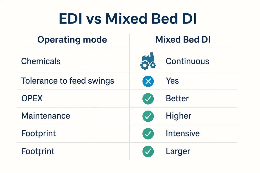 Choose EDI for continuous polishing and low chemicals; choose mixed bed for wider tolerance and simple retrofits.

