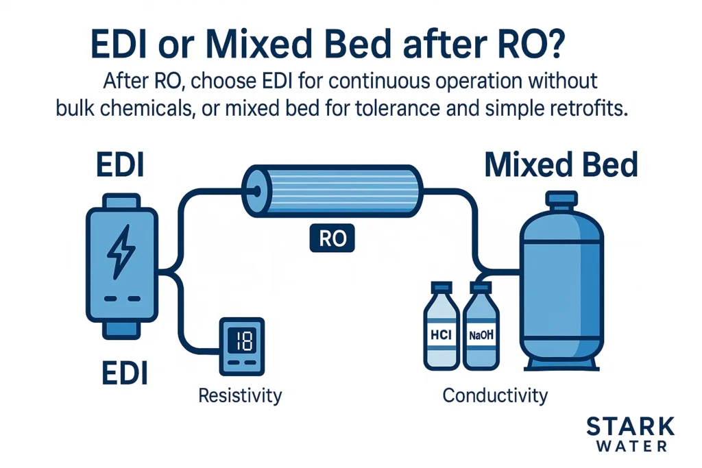 After RO, choose EDI for continuous operation without bulk chemicals, or mixed bed for tolerance and simple retrofits.
