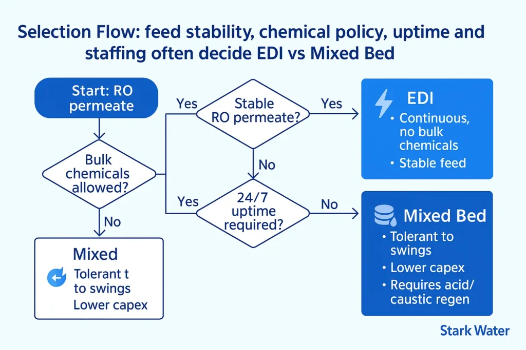 Selection flow: feed stability, chemical policy, uptime and staffing often decide edi vs mixed bed.
