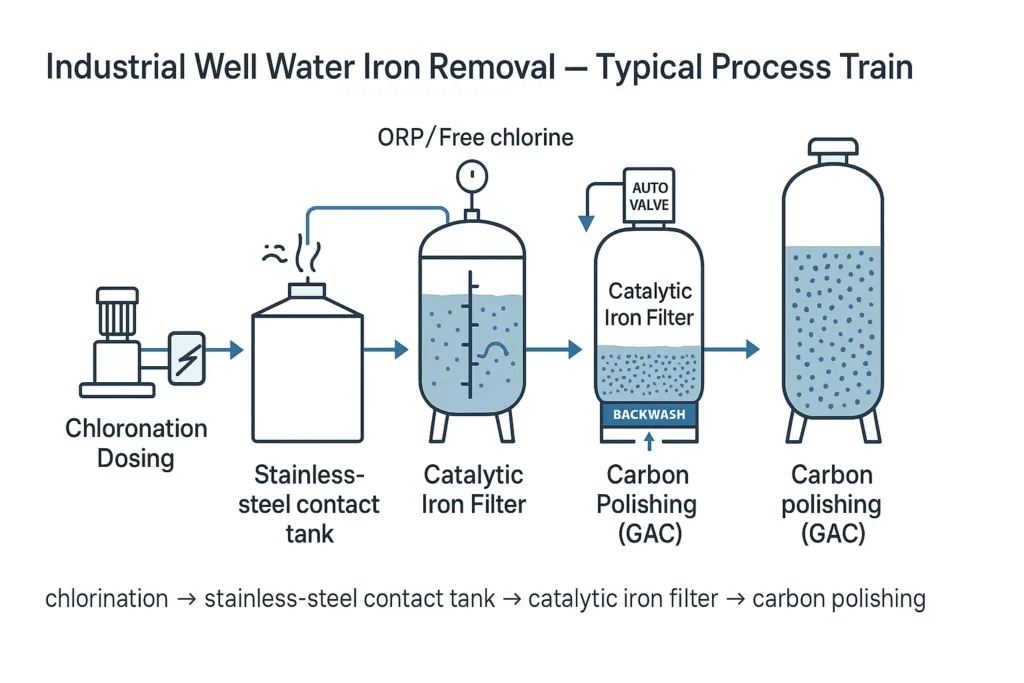 Typical industrial train: chlorination → stainless-steel contact tank → catalytic iron filter → carbon polishing.
