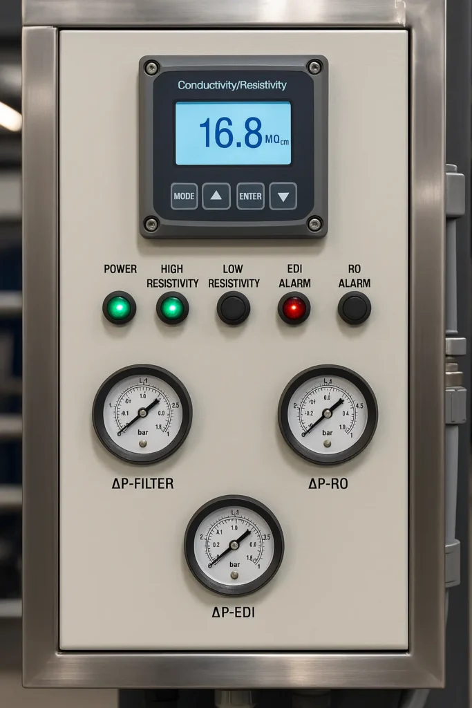 water deionization system control panel with resistivity and differential pressure gauges