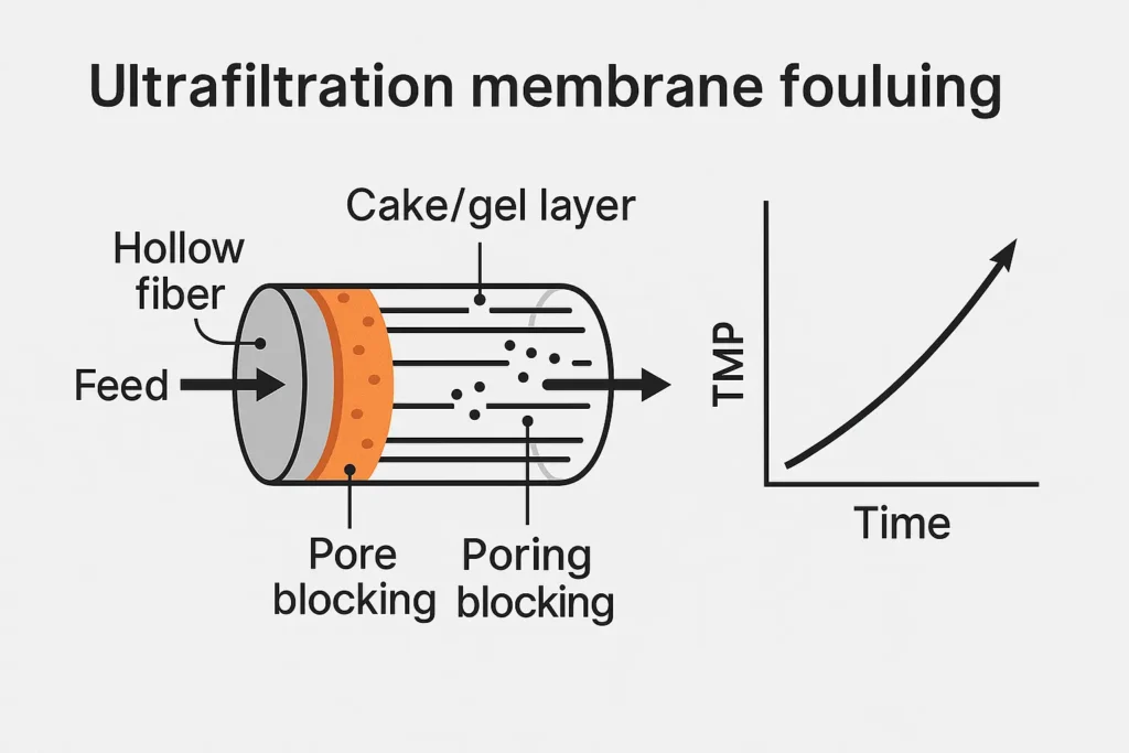 Ultrafiltration Membrane Fouling — Causes, Impacts & Fixes (Industrial Guide) 1 ultrafiltration membrane fouling schematic showing cake layer and TMP rise