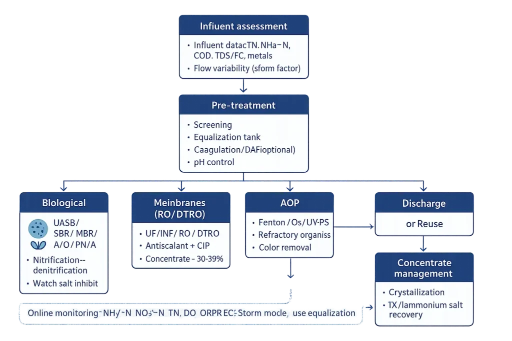 Landfill leachate treatment decision tree- pre-treatment, biological, membranes (RO_DTRO), AOP, evaporation, polishing
