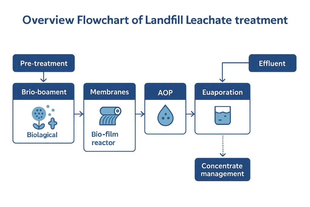 Overview flowchart of landfill leachate treatment from pre-treatment to concentrate management
