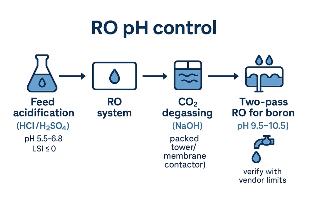 RO pH control- feed acidification, degassing, caustic neutralization and two-pass boron removal