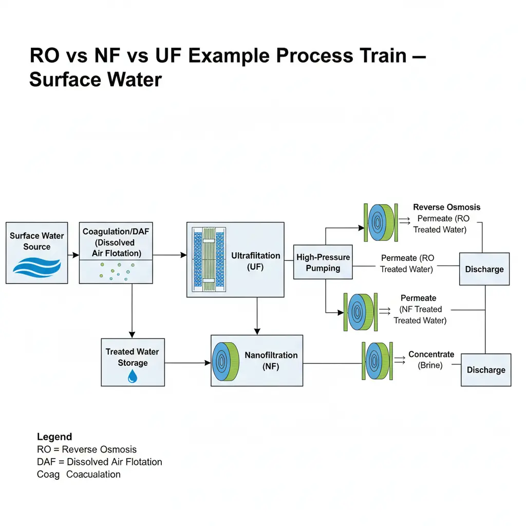 RO vs NF vs UF example process train — surface water: Coag/DAF → UF → RO or NF