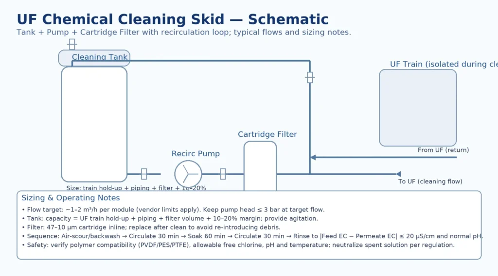 UF chemical cleaning timeline: prepare, air scour & backwash, circulate–soak–circulate, final rinse and acceptanceTimeline: circulate–soak–circulate surrounded by strong pre-flush and a clean acceptance.