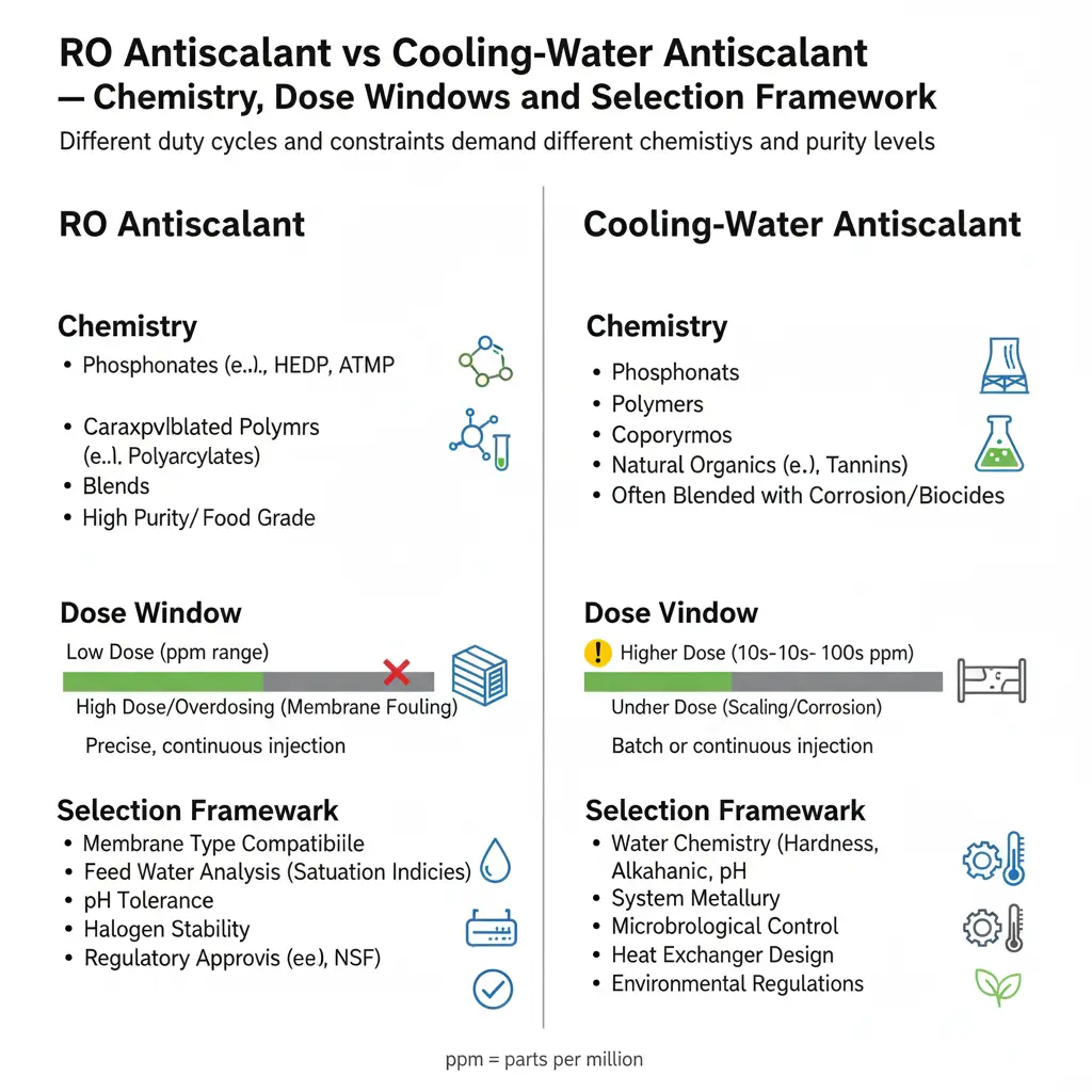 RO antiscalant vs cooling-water antiscalant — chemistry, dose windows and selection frameworkDifferent duty cycles and constraints demand different chemistries and purity levels.