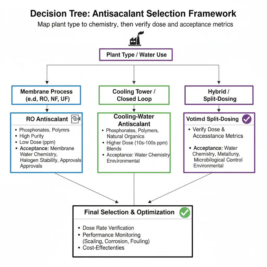 Decision tree: membrane process → RO antiscalant; tower/loop → cooling-water antiscalant; hybrid split-dosingMap plant type to chemistry, then verify dose and acceptance metrics.