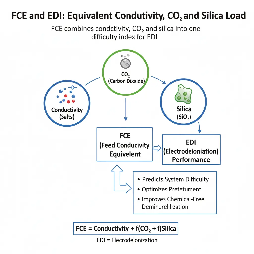 FCE and EDI: equivalent conductivity, CO₂ and silica loadFCE combines conductivity, CO₂ and silica into one difficulty index for EDI.