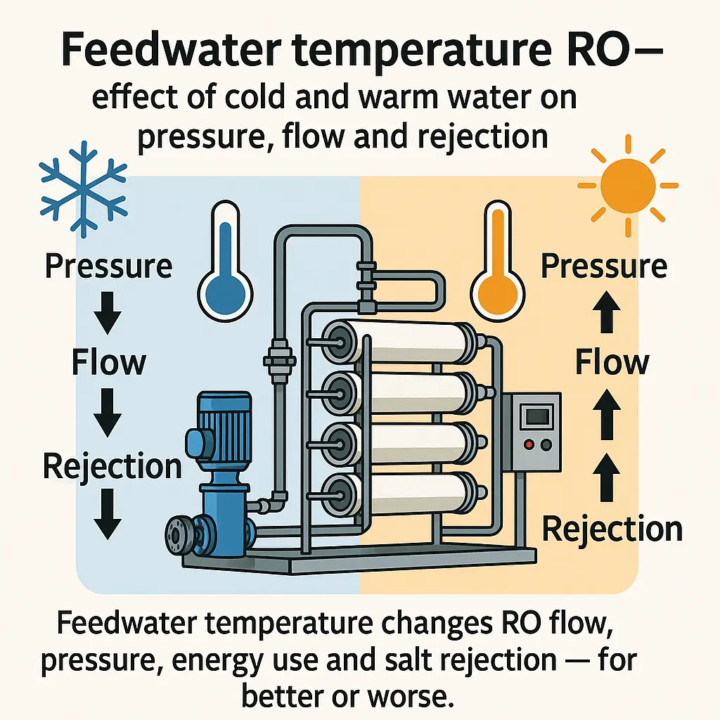 Feedwater temperature RO — effect of cold and warm water on pressure, flow and rejectionFeedwater temperature changes RO flow, pressure, energy use and salt rejection — for better or worse.