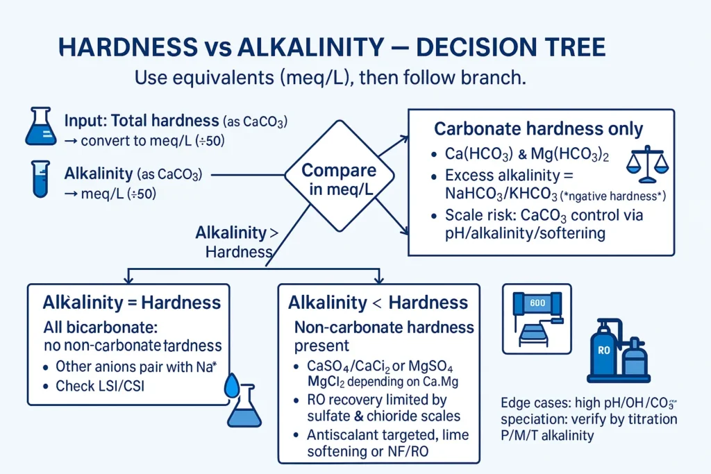 Hardness vs alkalinity decision tree mapping to carbonate or non-carbonate hardnessUse equivalents (meq/L), then follow the branch.