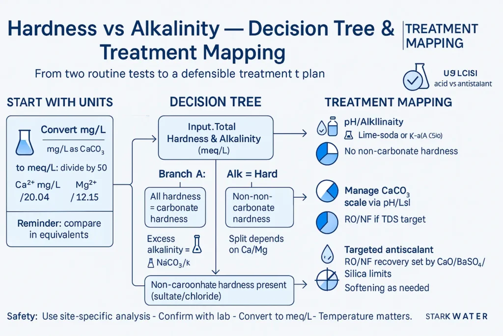 Hardness vs alkalinity decision tree and treatment mapping for water qualityFrom two routine tests to a defensible treatment plan.