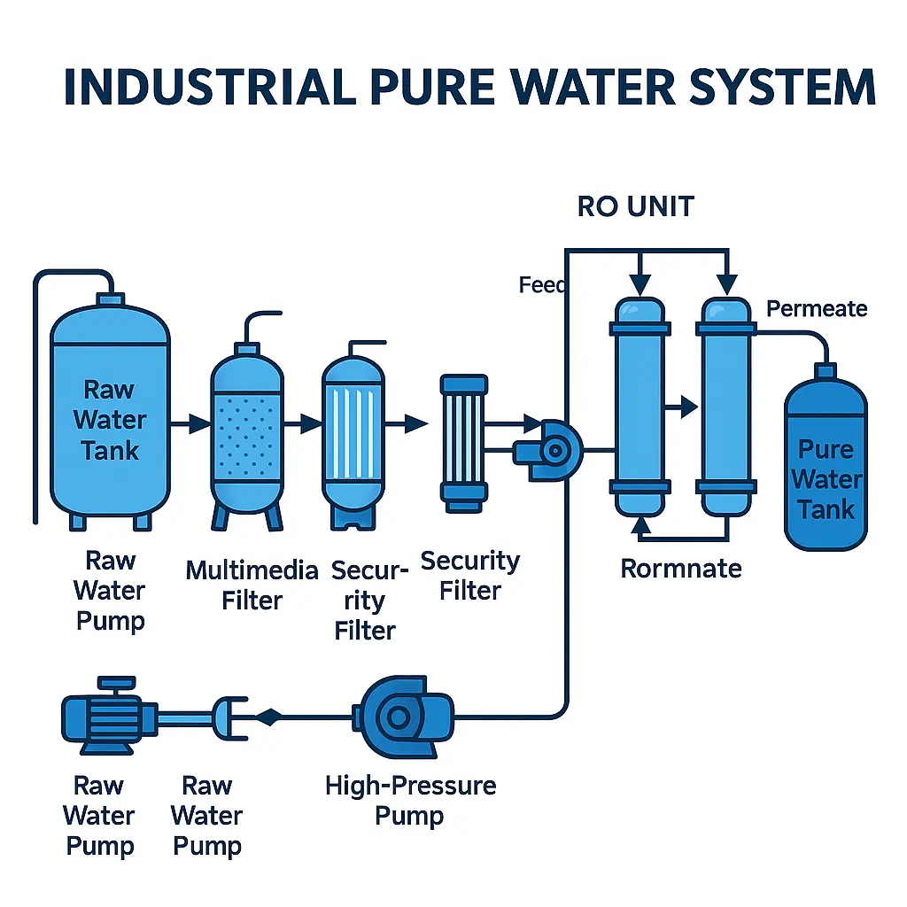 Typical industrial pure water system: raw water tank, pretreatment, RO unit and pure water tank are integrated on a compact skid.