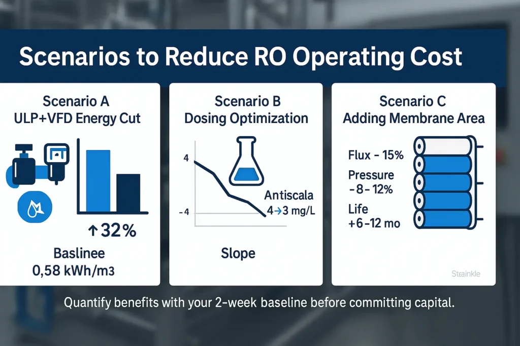 Scenarios to reduce RO operating cost: ULP+VFD energy cut, dosing optimization, adding membrane areaQuantify benefits with your 2-week baseline before committing capital.