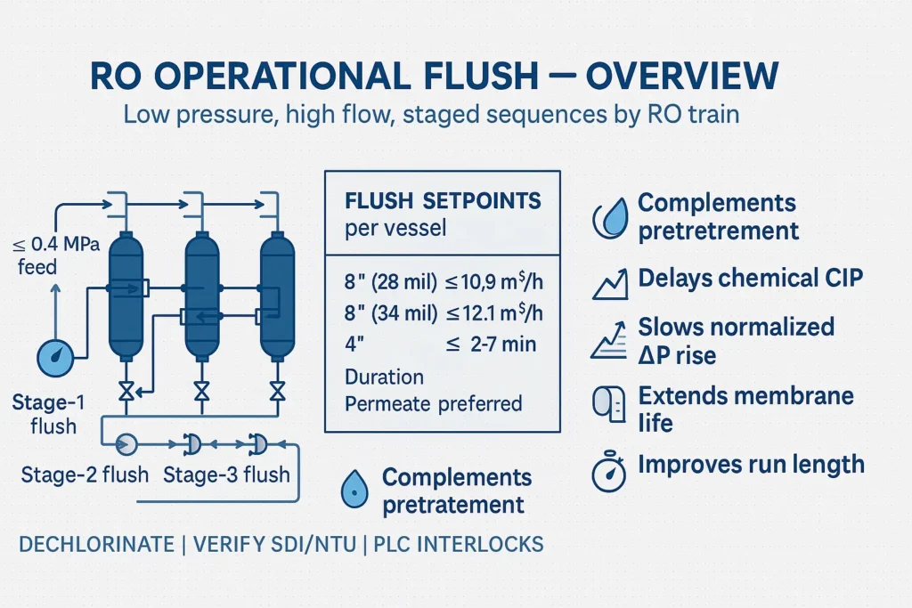 RO operational flush overview: low pressure, high flow, staged sequences by RO train Operational flushing complements pretreatment and delays chemical CIP.