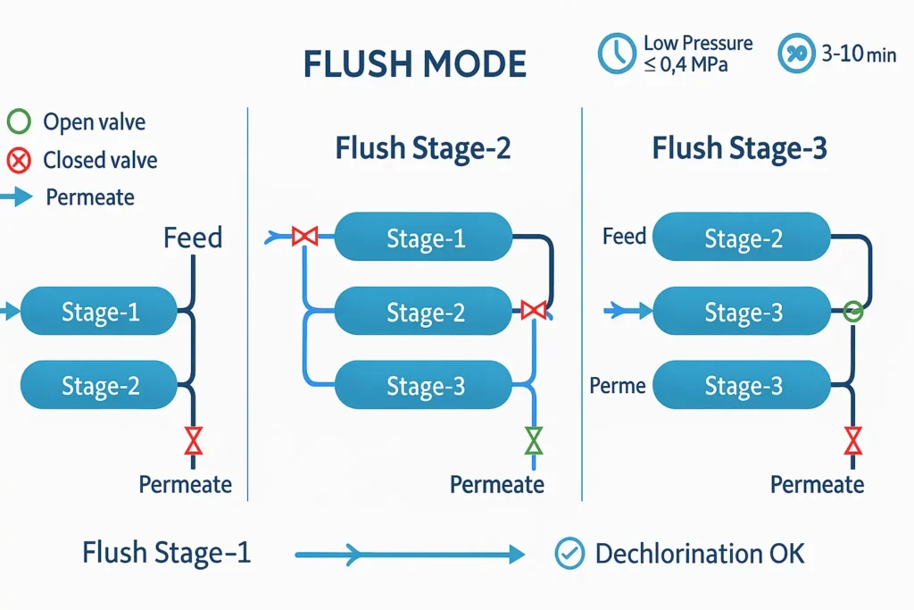 RO operational flush staged valve sequence by trainStage-by-stage sequences maintain control and prevent re-deposition.
