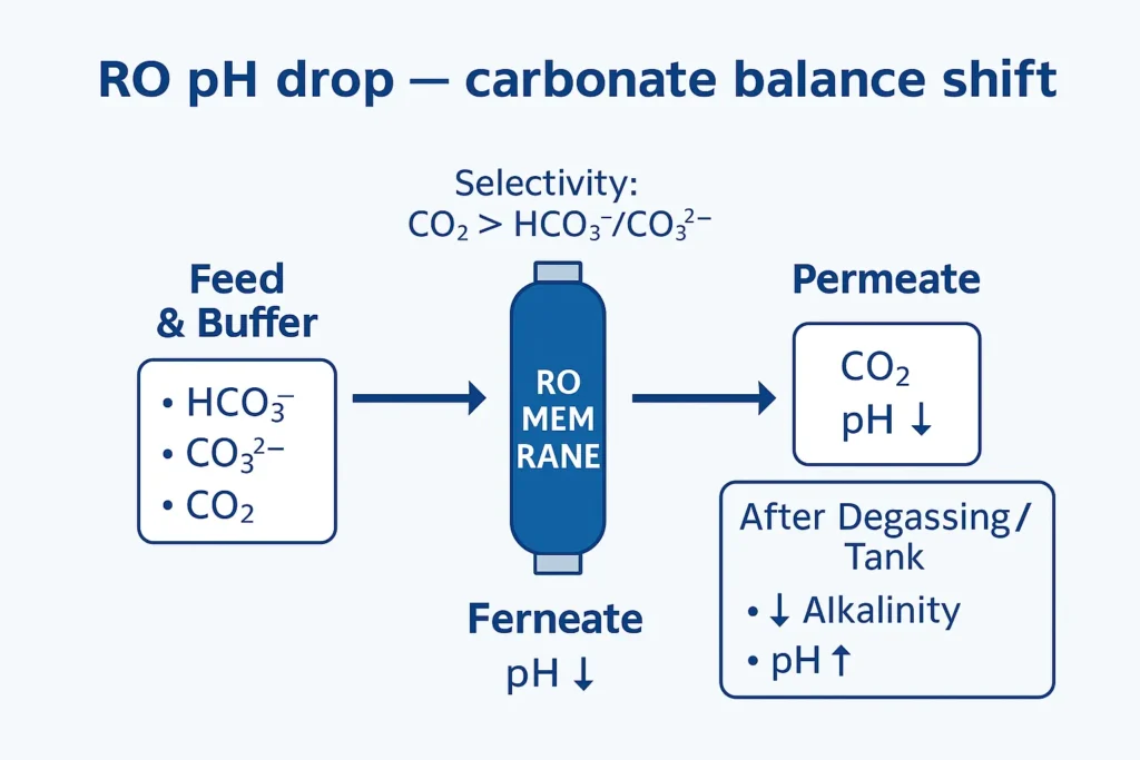 RO permeate pH change: CO2 passes while alkalinity is rejected; ammonia speciation can raise pHRO shifts the gas/ion balance—manage CO₂ and NH₃ to keep permeate pH on spec.