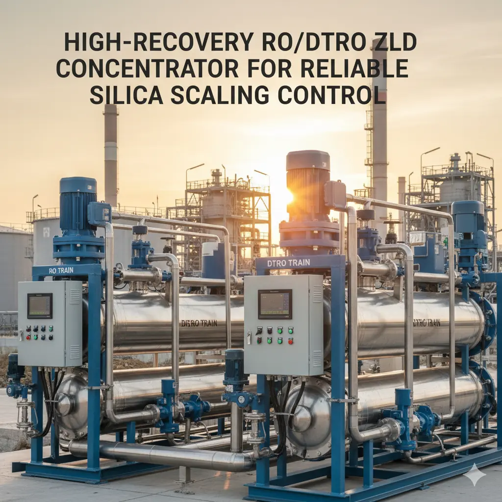 Silica Scaling ZLD — Why It Is So Difficult and How to Control It 1 ZLD membrane concentration system with RO and DTRO trains designed to control silica scaling
A high-recovery RO/DTRO ZLD concentrator needs careful silica scaling control to run reliably.