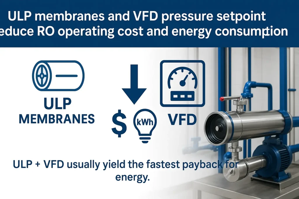 ULP membranes and VFD pressure setpoint reduce RO operating cost and energy consumptionULP + VFD usually yield the fastest payback for energy.
