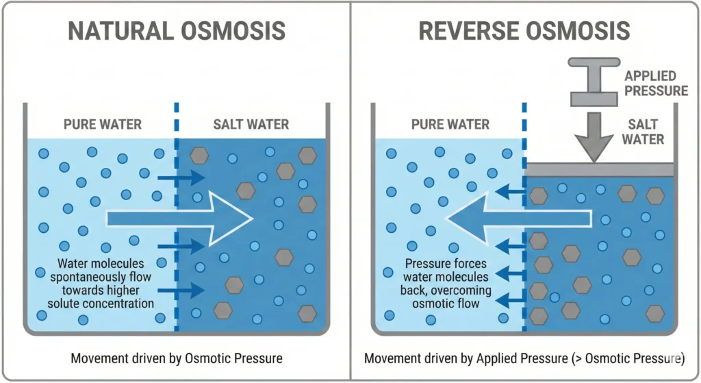 Industrial Reverse Osmosis Working Principle Diagram illustrating Osmotic Pressure vs Applied Pressure