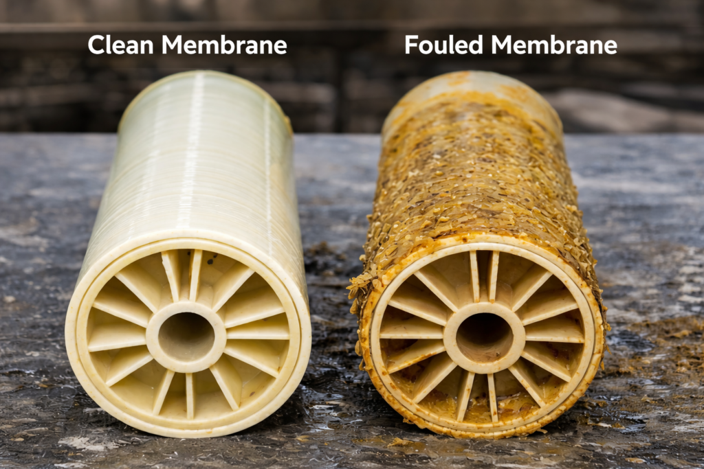 Comparison between clean and fouled reverse osmosis membrane elements