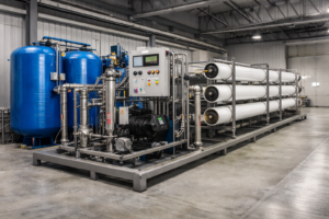 Industrial reverse osmosis system with pretreatment and membrane vessels